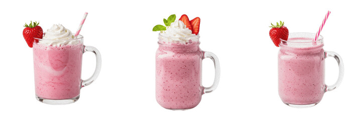 Set and collection of delicious creamy pink strawberry smoothie milkshake in glass mason jar with whipped cream isolated on white transparent png background © masterimages