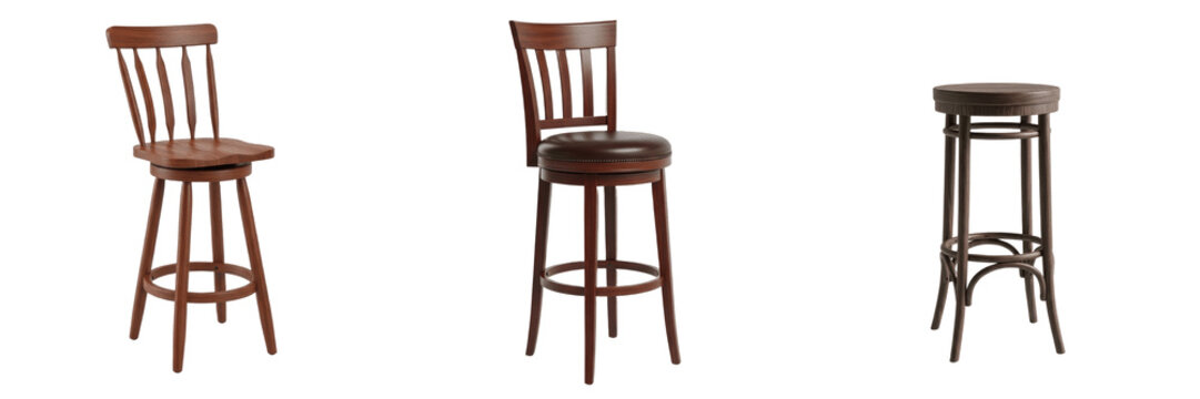 Set and collection of classic high wooden bar stool chair with dark brown leather cushion seat furniture asset isolated on white transparent png background
