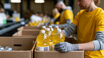 Volunteers packing food and drinks for charity at a distribution center, humanitarian aid preparation concept, with copy space
