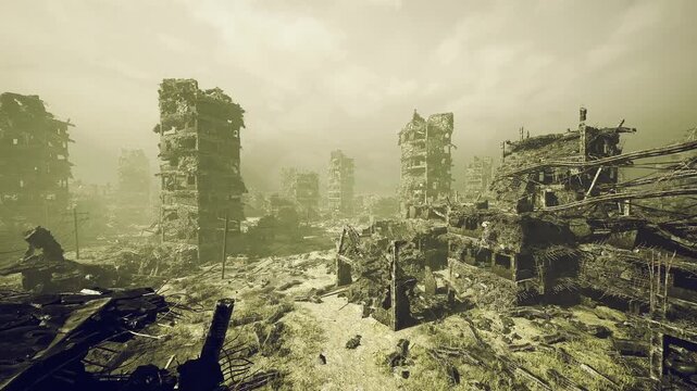 overgrown ruined city skyline bathed in muted dawn light, empty streets and collapsed towers, drone mapping salvage zones, quiet reclamation by nature
