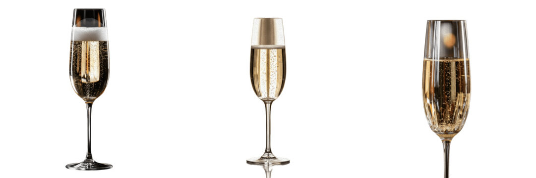 Set and collection of elegant luxury crystal glass goblet filled with sparkling white champagne celebration event beverage isolated on white transparent png background