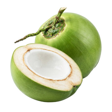 Fresh whole and halved young green coconuts