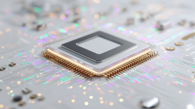 コンピューターチップが基板に取り付けられている状態。テクノロジー関連の解説や電子機器の説明に最適なイメージ素材