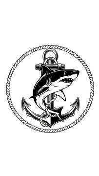 Shark and Anchor Emblem with Rope Circle, Nautical Symbol
