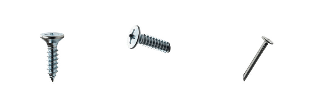 Set and collection of industrial steel screw thread bolt metallic hardware fastner fixing construction tool isolated on white transparent png background