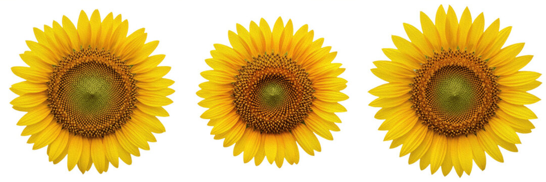Set and collection of vibrant yellow sunflower blossom head macro view summer botanical flora garden design asset isolated on white transparent png background
