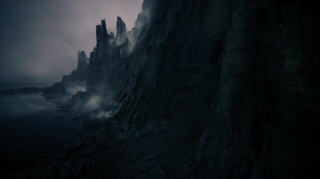 Stormy sea cliffs in twilight. Rugged sea rocks ascend from foggy waters during evening. Rough tideworn stacks tower over shrouded coastlines at dusk