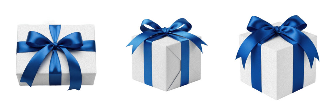 Set and collection of realistic white cube gift box wrapped with a beautiful glossy blue satin ribbon bow isolated on white transparent png background