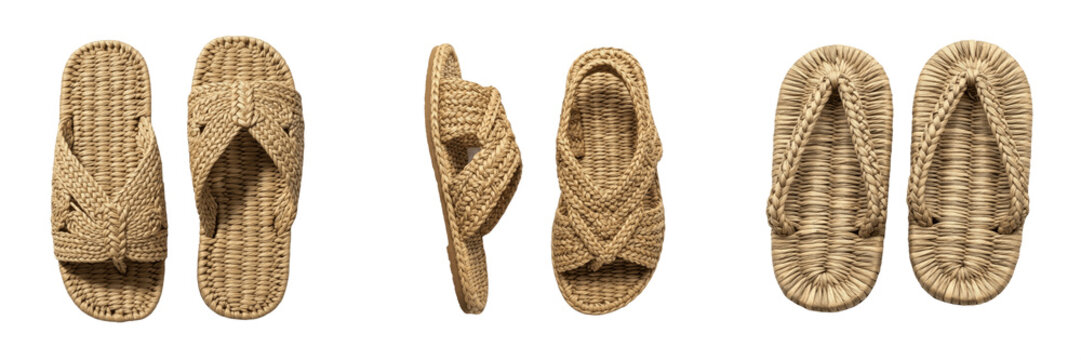 Set and collection of natural woven straw slippers sandals eco friendly comfortable summer footwear product isolated on white transparent png background