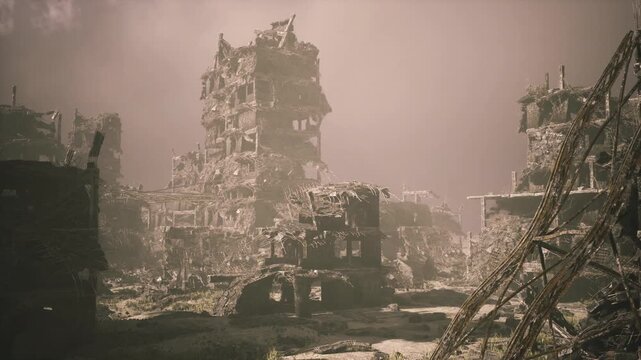 exposed stair and ladder leaning on shell of ruined block, dust filled air and somber sepia tones, scene reads like documentary record with static silence