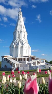 Bright white tower of medieval church at Kolomenskoe park in Moscow on a sunny spring day 