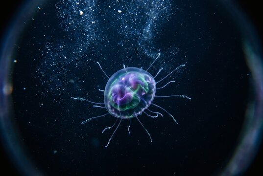 Glowing Bioluminescent Jellyfish-like Deep Sea Creature with Trailing Tentacles Floating in Dark Ocean Trench Viewed Through Submersible Porthole