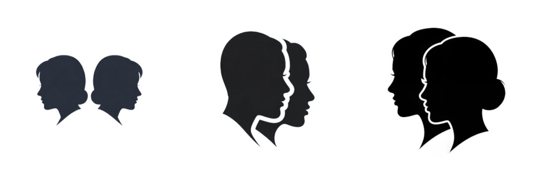 Set and collection of black silhouettes profiles of man and woman heads facing right side view relationship concept isolated on white transparent png background