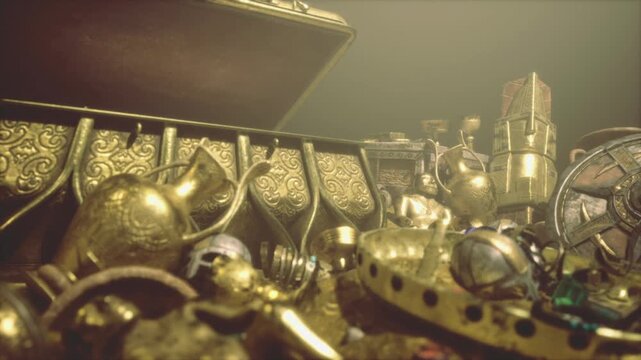 Golden hoard of antique jewelry scattered across velvetlined chest, cinematic lighting highlights glittering gems, worn coins and engraved boxes, warm tones,