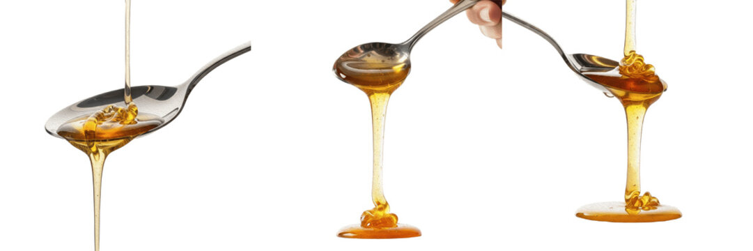 Set and collection of sweet golden honey dripping pouring from metallic spoon culinary ingredient macro asset isolated on white transparent png background