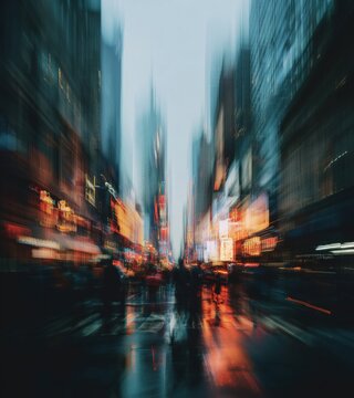 都市の夜景がぼやけて写っている街並み。都会の賑わいや夜の雰囲気を表現した背景素材