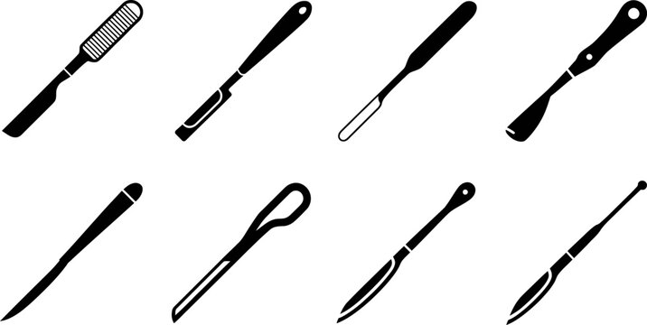Precision surgical instruments and medical blades set featuring long handle scalpels and dissection tools for delicate healthcare procedures and laboratory research.