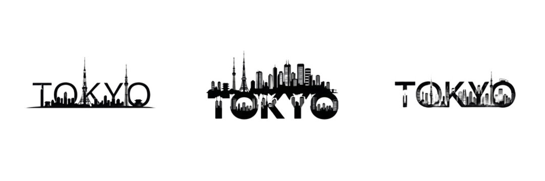 Set and collection of Tokyo city skyline silhouette typography text creative urban landscape graphic asset isolated on white transparent png background