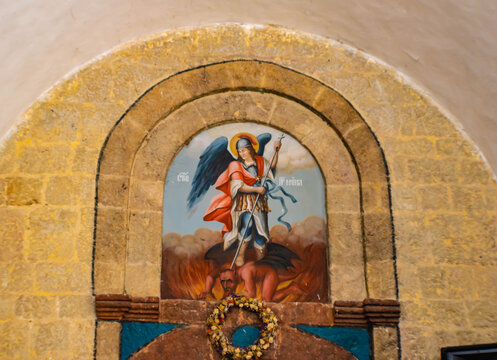 Close up of the Holy Archangel Michael mosaic, Serbian orthodox monastery Privina Glava, Serbia
