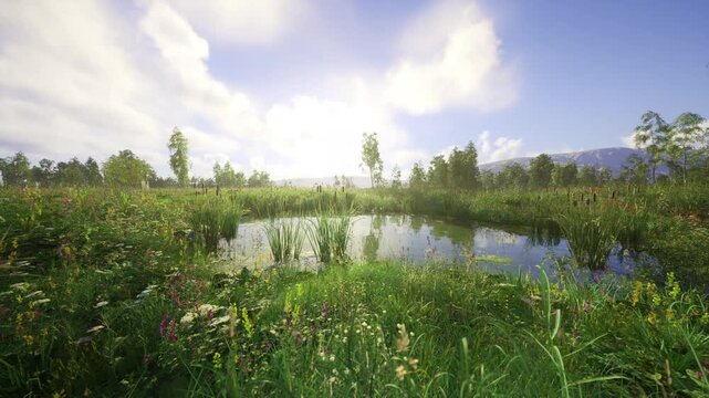 Sunlit pond wildflower meadow, gentle breeze over cattails and reflective water creating soft shimmer under blue sky, distant trees framing horizon, tranquil