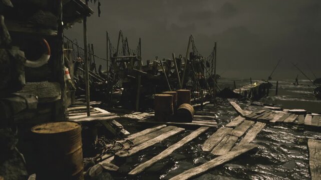 Twilight industrial dock with rubble and scattered crates, metal structures and idle cranes, oil stains and gritty surfaces, heavy shadows and textured decay