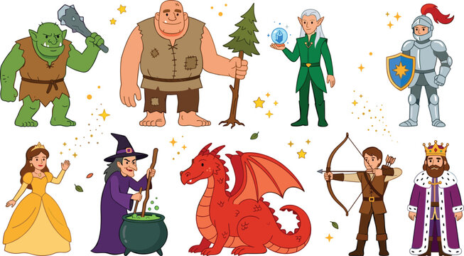 Fantasy RPG Game Characters Vector Illustration Set Featuring Orc, Ogre, Elf Mage, Knight, Princess, Witch with Cauldron, Red Dragon, Archer, and King
