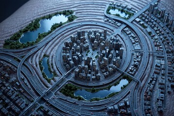 Obraz premium Conceptual Aerial View of Futuristic City Built on Human Fingerprint with Roads Following Ridge Patterns Biometric Digital Identity Concept