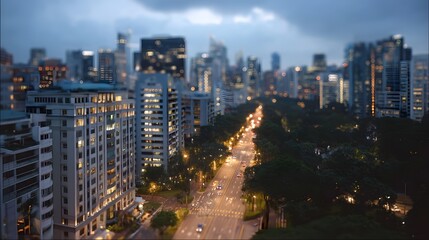 Obraz premium An expansive view down a brightly lit city road lined with modern high rise buildings at dusk