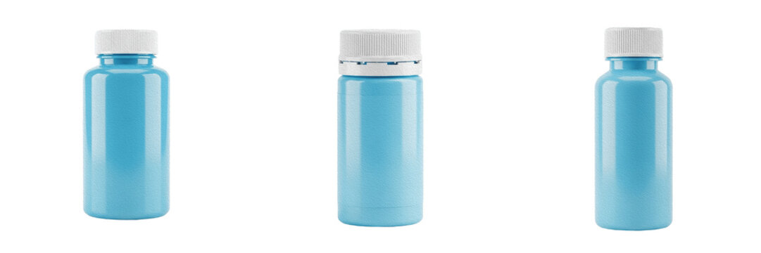 Set and collection of clean blank light blue plastic medical pill bottle capsule container pharmacy packaging mockup isolated on white transparent png background