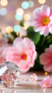 Sparkling crystal sphere with blossoms and bokeh lights in a lively spring ambiance