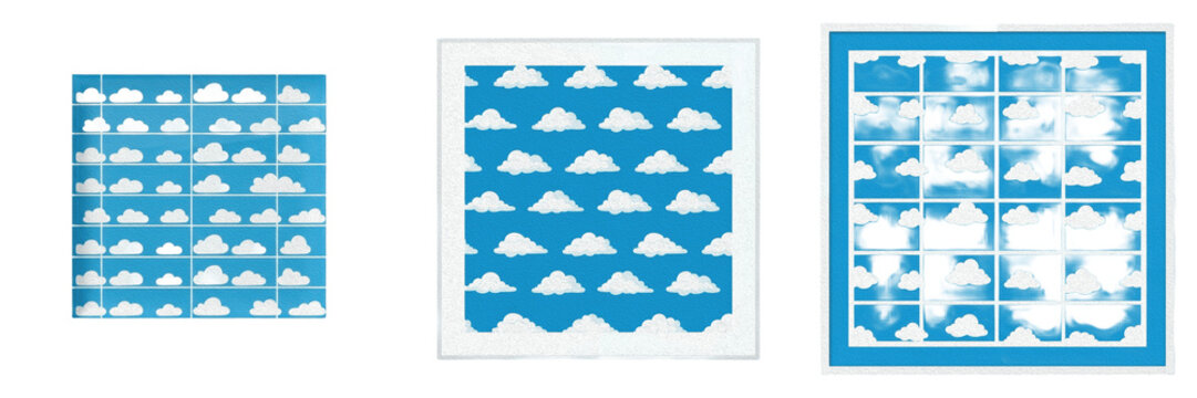 Set and collection of bright blue sky with white clouds texture pattern design grid template layout decoration isolated on white transparent png background
