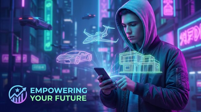 Young Man Views Holographic Urban Projections on Smartphone.