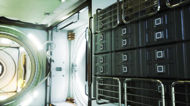Interior corridor space station module with stacked equipment racks, steel handrails and circular hatch glowing with soft daylight, tight perspective highlights