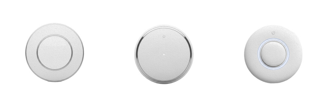 Set and collection of modern minimalistic white smart home button wireless switch device intelligent domestic technology isolated on white transparent png background