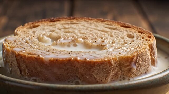 Closeup of a slice of rustic bread soaking in creamy soup on a wooden table.