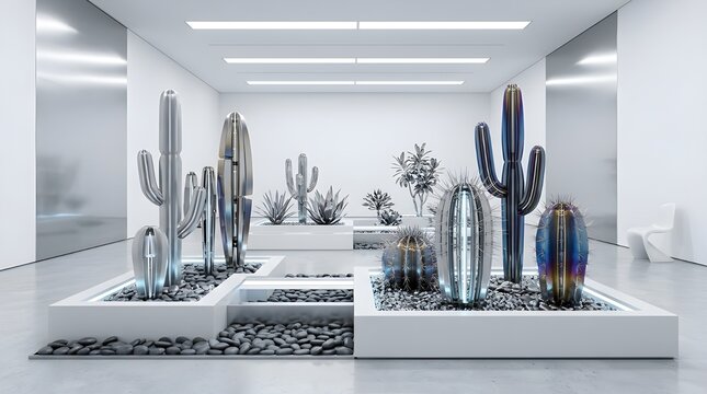 Minimalist High End Art Gallery Displaying Chrome and Titanium Steel Cactus Sculptures in Bright White Modern Exhibition Room Interior Architecture Design
