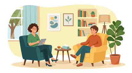 Fototapeta premium Psychologist talking to patient in therapy session, mental health support and counseling concept