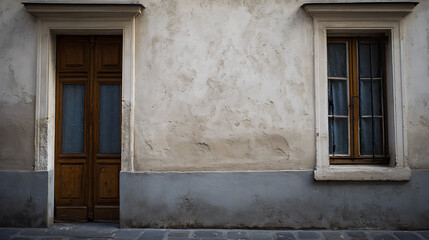 Fototapeta premium Rustic, Weathered Facade with Historic Wooden Door and Window on a Grungy Wall, Evoking an Old-World Charm and Timeless European Street Scene