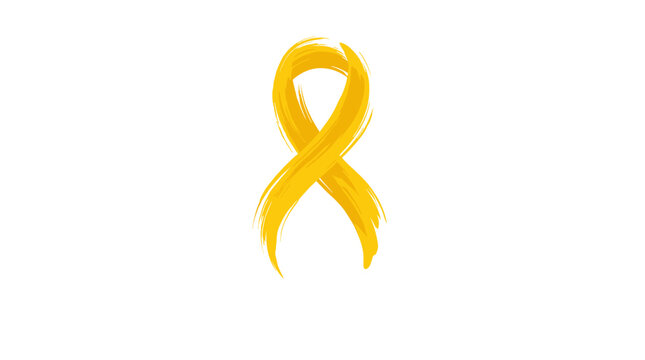 Yellow ribbon symbol of support and awareness painted with brush strokes on a white background