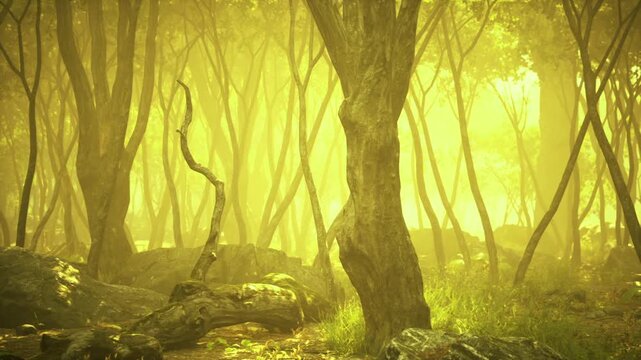 Cinematic golden grove with backlit trunks and warm haze, dramatic beams slicing through foliage and creating immersive, storybook mood for editorial and filmic