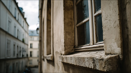 Fototapeta premium Rustic urban window detail with aged stone sill and blurred background cityscape, capturing a historical architectural perspective and vintage mood