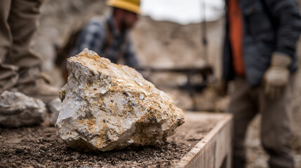 Fototapeta premium Close-up of a raw mineral rock on the ground at a quarry or digging site with blurred workers in the background, focus on discovery