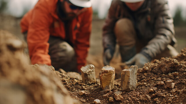 Two hardworking individuals explore rugged terrain, carefully dig soil and examine cylindrical rock formations, focus on geological work, natural resources