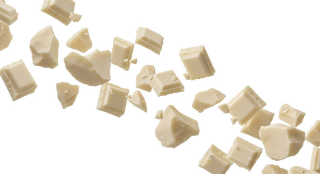 Rich white chocolate pieces, smooth squares and textured shards, creamy transparent, dynamically scattered in mid-air against a transparent background, soft directional light. Concept for premium