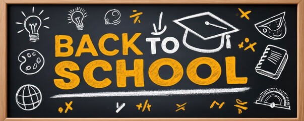 Naklejka premium Back to school chalkboard sign with yellow lettering, graduation cap and school doodles