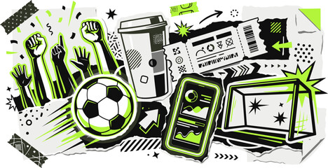 Urban soccer lifestyle collage vector, football fan culture elements with ball and goal, neon green and black street art doodle illustration © 成 sнıηяα тєηsєı ツ