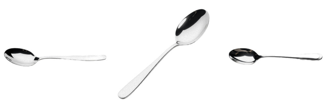 Set and collection of classic shiny stainless steel metal dessert spoon utensil tool kitchen dining accessory isolated on white transparent png background