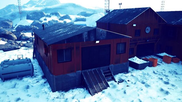 Blue lit red wooden building at twilight, shadowed entrance with metal ramp and stairs, snow patches around foundation, cool color grading and heavy sky,