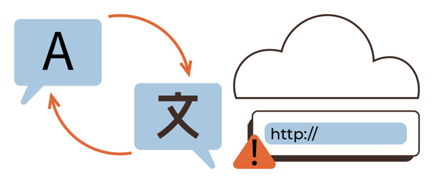 Language services, app localization, global communication, web translation, cloud storage, internet safety. Speech bubbles, cloud icon with URL and error sign. Language services and app localization