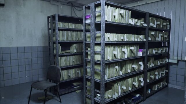 Dim archive room filled shelves of dusty files, metal racks, worn chairs, concrete tiled walls, flickering fluorescent light casting cold shadows, atmosphere